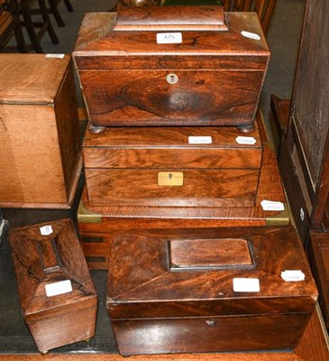 Lot 475 - Three Regency sarcophagus form tea caddies including rosewood examples, a brass mounted...