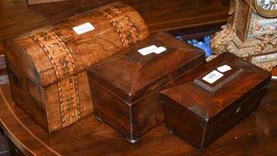 Lot 479 - A George III Tunbridge inlaid dome topped walnut tea caddy, together with two sarcophagus...