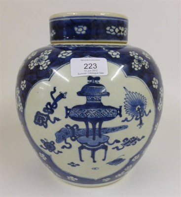 Lot 223 - A Chinese Porcelain Ginger Jar and Cover, 18th century, painted in underglaze blue with...
