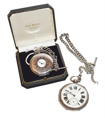 Lot 487 - A silver half hunter pocket watch with attached white metal curb linked watch chain, and a...