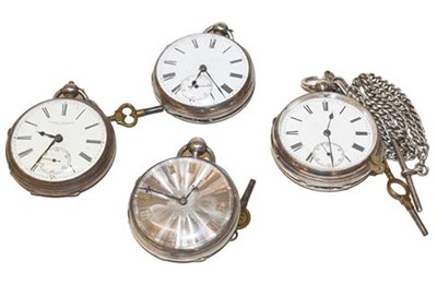 Lot 491 - Four silver open faced pocket watches and a silver curb linked watch chain