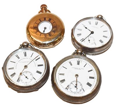 Lot 492 - Three silver open faced pocket watches with two signed Fattorini & Sons Bradford and Waltham,...