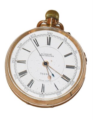 Lot 494 - A 12 carat gold open faced chronograph pocket watch, signed H Samuel, Manchester