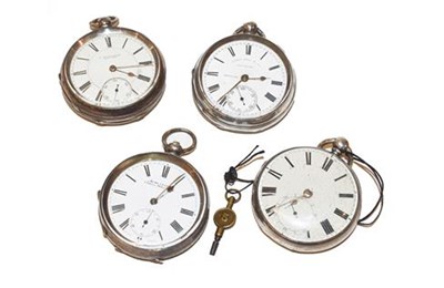 Lot 496 - Four silver open faced pocket watches, signed H Samuel, Manchester, J Edmondson, Bingley, James...