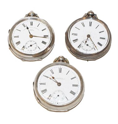 Lot 497 - Three silver open faced pocket watches, signed Fattorini & Sons Bradford, one unsigned and the...