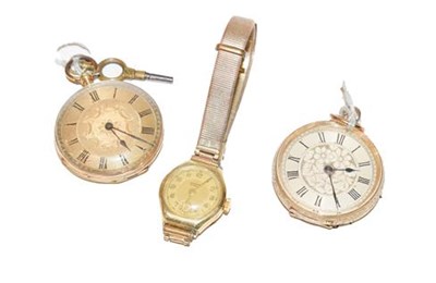 Lot 499 - Two lady's fob watches with cases stamped 14c and 18k, and together with a lady's 14k gold...