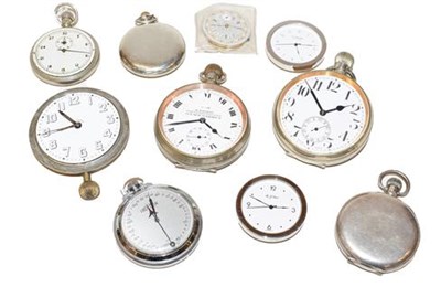 Lot 502 - A silver full hunter pocket watch, three nickel plated travelling timepieces, Hy Moser & Cie...