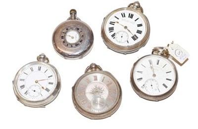 Lot 503 - Four silver open faced pocket watches and a silver half hunter pocket watch signed Chas F Robey Ltd