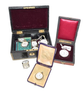 Lot 504 - An Art Deco silver purse watch, an open faced plated pocket watch together with eight lady's...