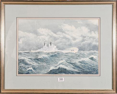 Lot 1000 - A watercolour marine picture depicting HMS Vanguard, signed John Whale 1991, label to the...