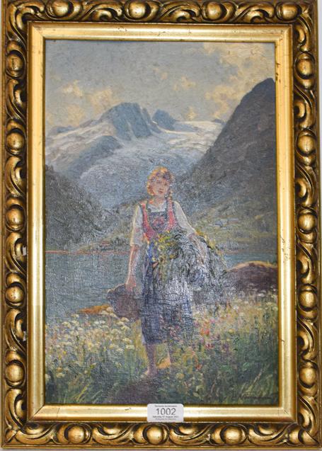 Lot 1002 - Emma Pastor Normann (German 1871-1954) Alpine scene with a girl, signed oil on board
