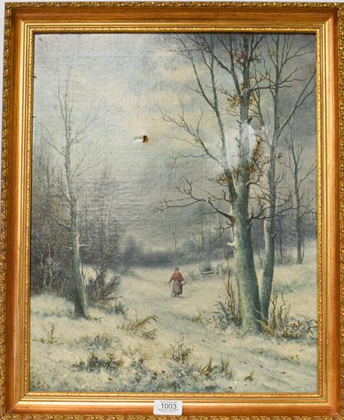 Lot 1003 - George Cole, 19th/20th century, winter scene, oil on canvas, 49cm by 39cm (a.f.) together with...