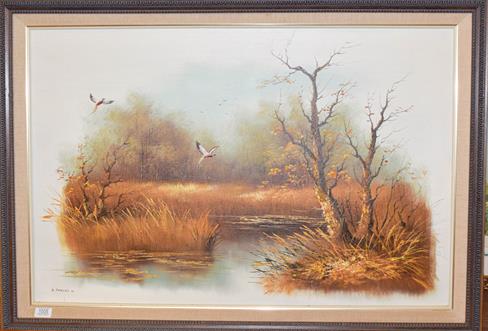 Lot 1005 - Eric Forlee oil painting of birds flying over a marsh, signed and dated '81, oil on board, 61cm...