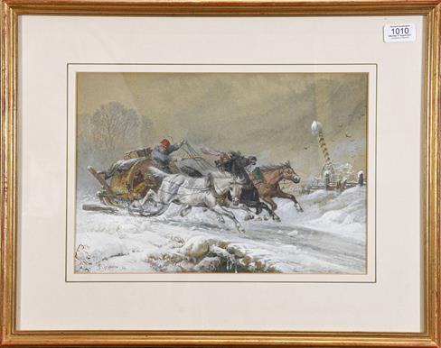 Lot 1010 - Richard Beavis RI, RWS, (1824-1896) The Wallachian post sleigh at full gallop, signed and dated...