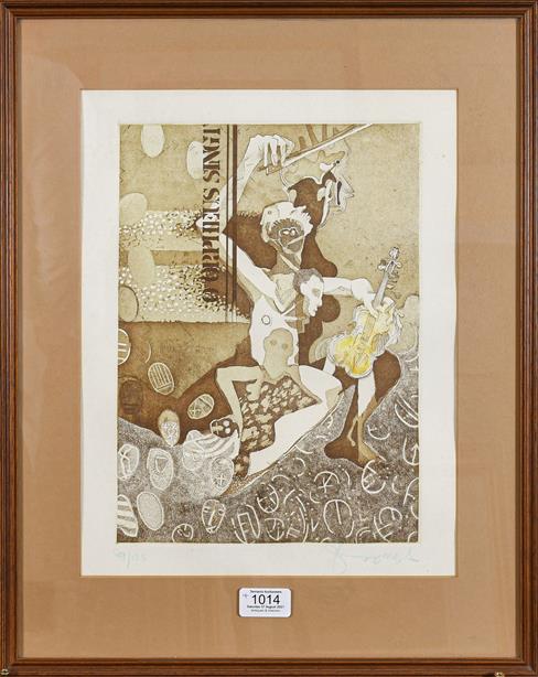 Lot 1014 - Terence Millington 'Standing Man', signed, 9/75 a**** unframed, 49cm by 37cm together with...