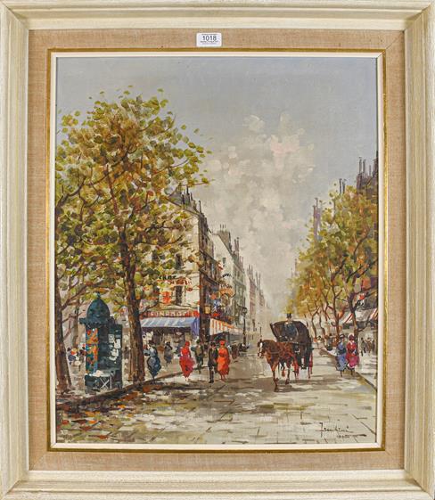 Lot 1018 - Franchini (20th century) Continental, Edwardian streetview with figure and horse and cart,...