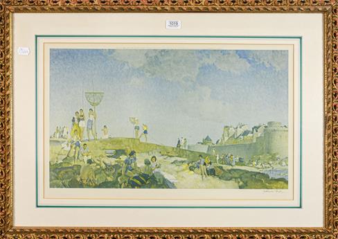 Lot 1019 - After Sir WIlliam Russell Flint RA ROI (1880 -1969), Beachgoers on the coast, signed in pencil,...