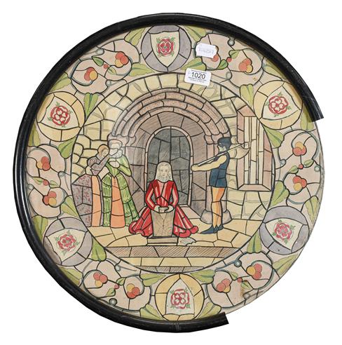 Lot 1020 - A pair of rounded stained glass window designs, Tudor scenes, pen, ink and watercolour, 50cm...