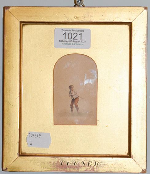 Lot 1021 - A 19th century watercolour of a boy in arched mount, framed inscribed 'Turner' 7cm by 5cm