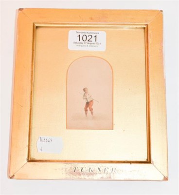 Lot 1021 - A 19th century watercolour of a boy in arched mount, framed inscribed 'Turner' 7cm by 5cm