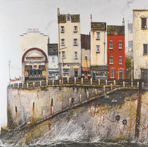 Lot 1029 - After Tracy Savage, a printed canvas of a Seaside town, 76cm by 76cm