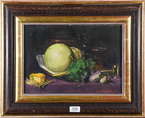 Lot 1032 - George J D Bruce (b.1930), Still life of onions, lemons and a glass, signed and dated (2006),...