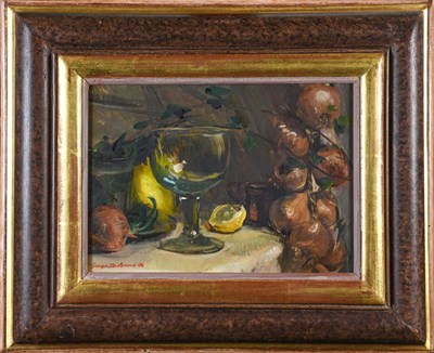 Lot 1032 - George J D Bruce (b.1930), Still life of onions, lemons and a glass, signed and dated (2006),...