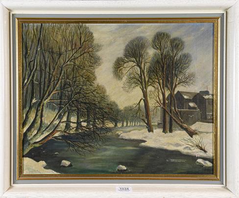 Lot 1034 - N. Tillerington (20th century) A river landscape in snow, signed oil on canvas, 34.4cm by...