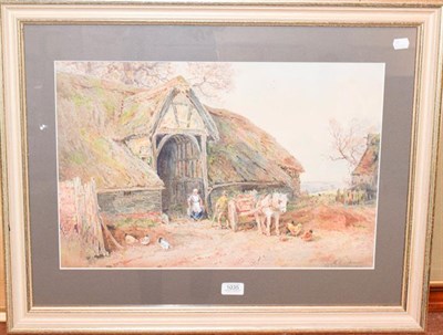 Lot 1035 - Sydney Goodwin (1867-1944) Figures outside a tithe barn with a horse and cart, signed...