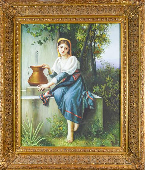Lot 1044 - Contemporary Continental School, portrait of a maiden collecting water, unsigned oil on canvas...