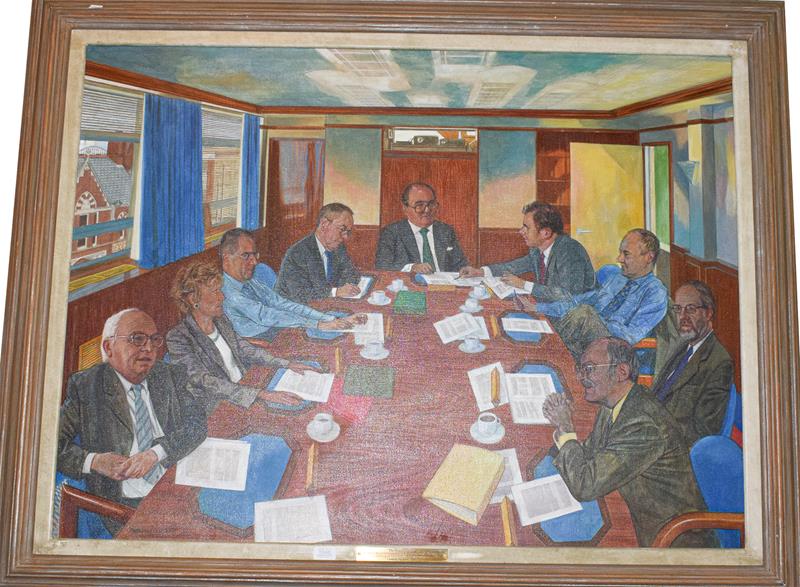 Lot 1046 - Anthony Oakshette, The Board Meeting, oil on canvas, signed and dated 2000, 90cm by 122cm
