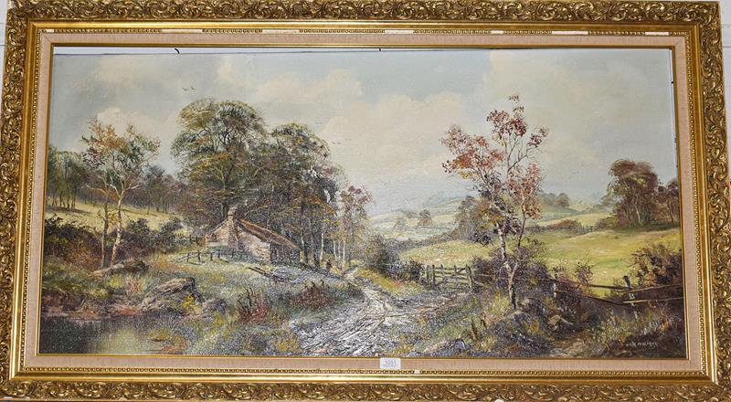 Lot 1051 - John Corcoran (Contemporary), rural scene with a cottage and figure, signed, oil on canvas, 58cm by