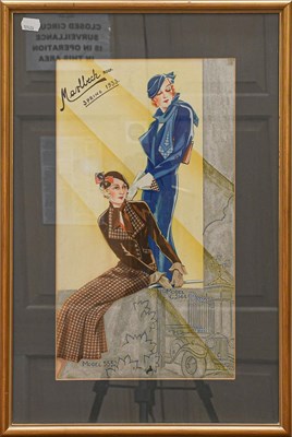 Lot 1056 - A set of four 1930's fashion watercolours for Marlbeck, the largest 53cm by 36cm