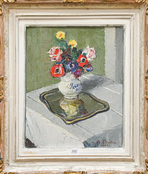 Lot 1057 - A Bosia ? (20th century) Continental, Still life of flowers in a vase on a silver tray, signed...