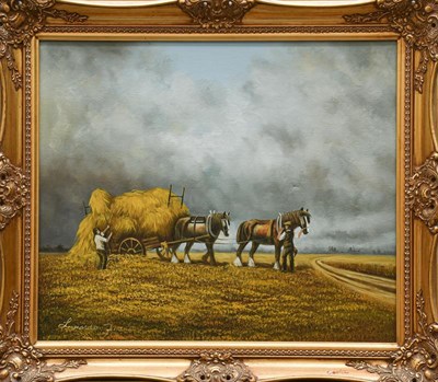 Lot 1059 - Contemporary oil on canvas, haymaking scene, 50cm by 60cm, together with another mountain...