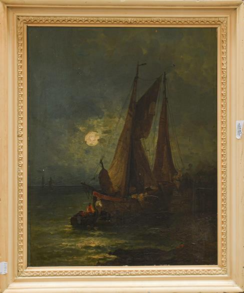 Lot 1060 - R Griffinger (19th/20th century) Nocturn Harbour, indistinctly signed, oil on board, 50.5cm by 40cm
