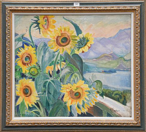 Lot 1061 - Paula Fischer (1873-1950) ''Italian Landscape with Sunflowers'' signed, inscribed verso, oil on...