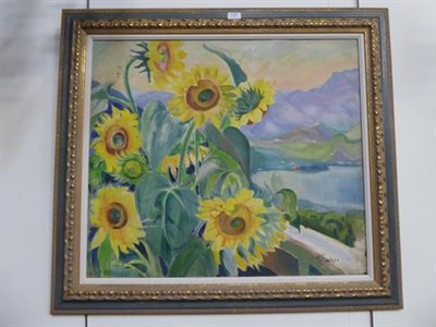 Lot 1061 - Paula Fischer (1873-1950) ''Italian Landscape with Sunflowers'' signed, inscribed verso, oil on...
