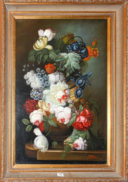 Lot 1065 - Terrence Alexander (Contemporary) Still life of flowers, signed, oil on canvas, 90cm by 60cm