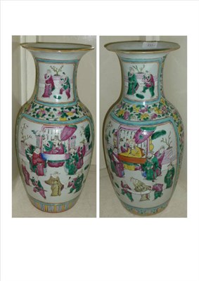 Lot 233 - A Pair of Cantonese Porcelain Baluster Vases, 19th century, with flared rims, typically painted...