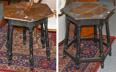 Lot 1094 - ~ An early 20th century copper topped pub table, raised on six turned splay supports together...