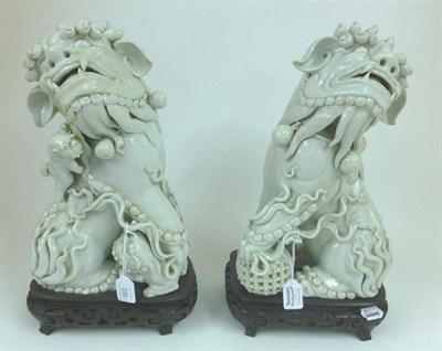 Lot 235 - A Pair of Chinese Blanc de Chine Dogs of Fo, late 19th/early 20th century, of traditional form with