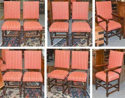 Lot 1119 - Set of ten oak framed dining chairs in 17th century style, eight chairs and two carvers