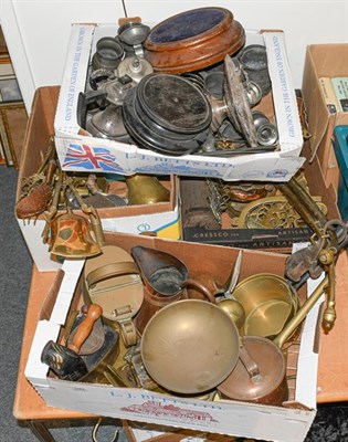Lot 1171 - Four boxes of assorted 19th century and later metalwares including brass copper and silver...
