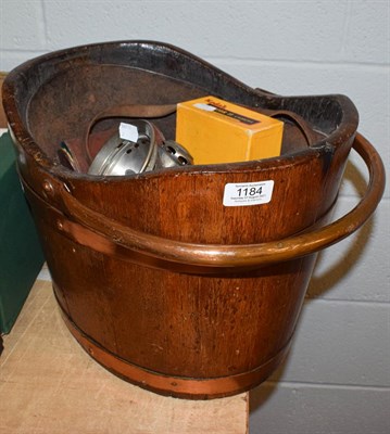Lot 1184 - A copered and copper banded coal bucket, with liner together with a carbide lamp and three...