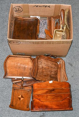 Lot 1201 - A group of early 20th century crumb scoops and brushes, a letter rack, an oak desk standish, an oak