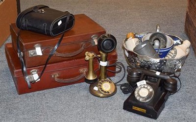 Lot 1218 - Pillar telephone, black telephone, two suitcases, plated punch bowl, two pewter tankards etc