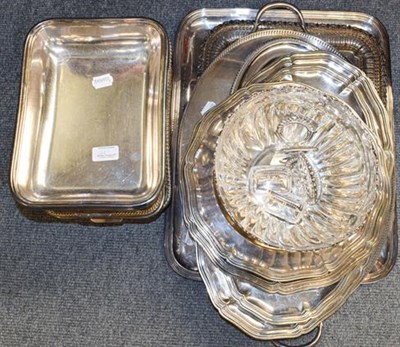 Lot 1227 - A collection of assorted silver plate, including an oval gallery tray, on bun feet and with...