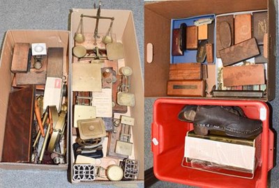 Lot 1230 - Four boxes of various scales, spring balances, weights and other instruments including scissor...