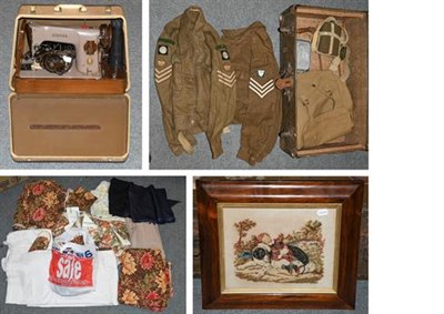 Lot 1241 - A travelling trunk containing World War II battle dress and other militaria, a rosewood framed...